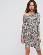 Asos One Shoulder Dress With Drape Front In Animal Print - Multi