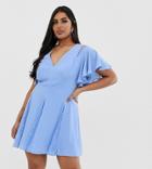 Asos Design Curve Mini Dress With Godet Lace Inserts-blue