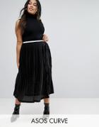 Asos Curve Pleated Midi Skirt With Sports Tipped Waistband - Black