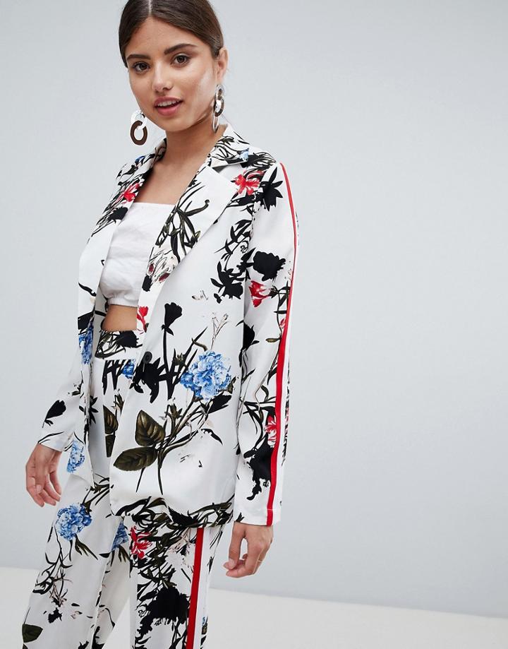 Prettylittlething Floral Side Stripe Jacket - White