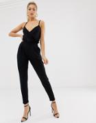 Asos Design Cami Wrap Front Jersey Jumpsuit With Peg Leg-black
