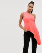 Asos Design One Shoulder Top With Asymmetric Hem In Neon-pink