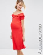Asos Maternity Ruffle Off Shoulder Skater Dress - Red