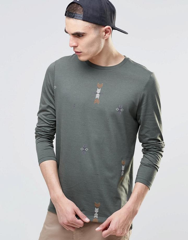Asos Longline Long Sleeve T-shirt With All Over Geo-tribal Print And Step Hem - Green