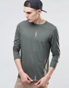 Asos Longline Long Sleeve T-shirt With All Over Geo-tribal Print And Step Hem - Green