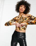 Bershka Asymetric Cut Out Retro Print Crop Top In Brown