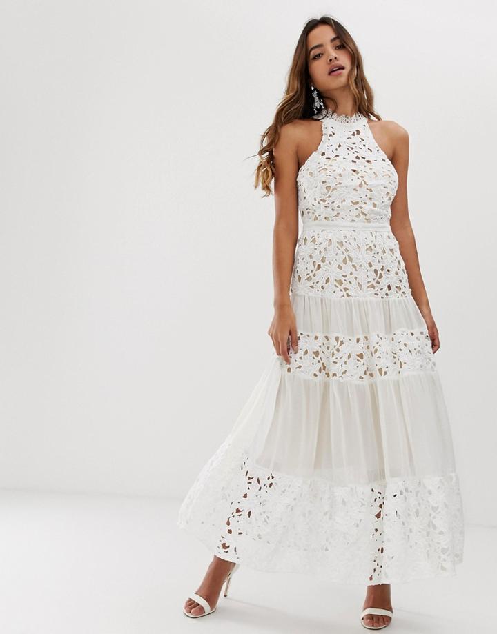 Forever U High Neck Lace Paneled Dress - White