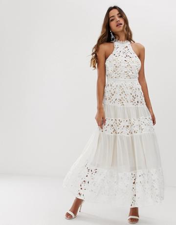 Forever U High Neck Lace Paneled Dress - White