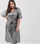 Asos Design Curve Metallic Midi Tea Dress With Metal Buttons - Silver