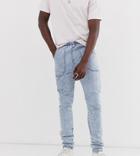 Asos Design Tall Slim Jeans In Acid Wash Blue With Elasticated Waist - Blue