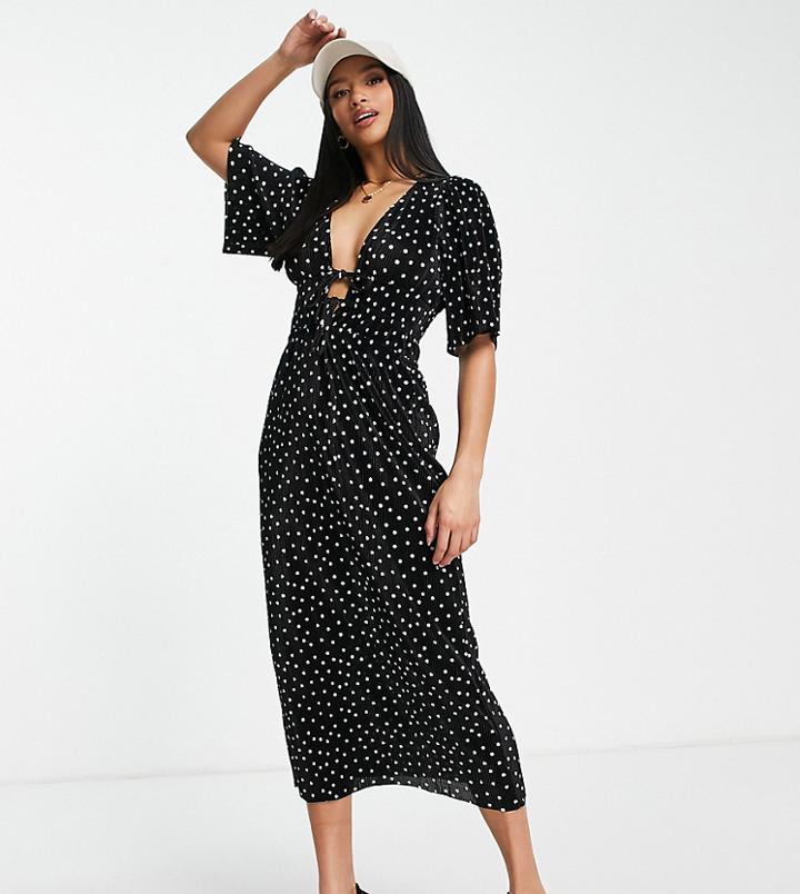 Asos Design Petite Plisse Short Sleeve Channel Waist Detail Midi Dress In Mono Spot-multi