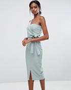 Lavish Alice One Shoulder Pencil Dress With Tie Detail - Green