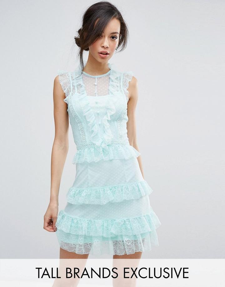 True Decadence Tall Floral And Dotty Mesh Ruffle Hem Dress - Green