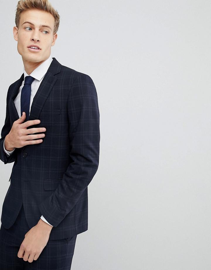 Moss London Skinny Suit Jacket In Check - Navy