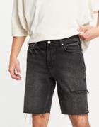 Asos Design Slim Denim Short With Thigh Rip In Washed Black