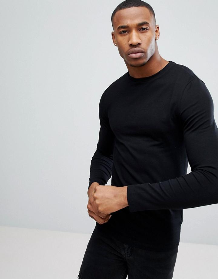 Asos Design Muscle Long Sleeve T-shirt With Crew Neck In Black - Black