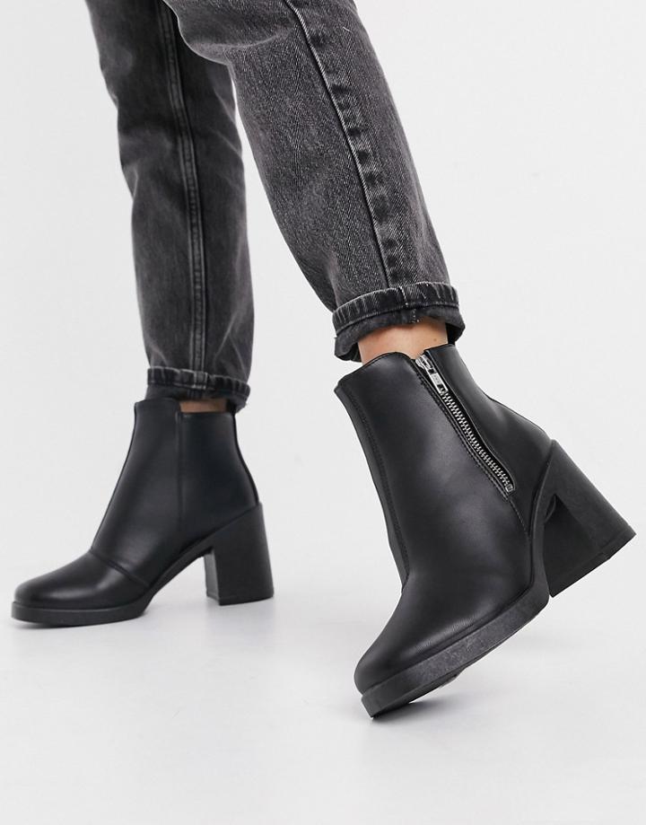 Topshop Zip Detail Chunky Heeled Boots In Black