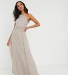 Asos Design Tall Embroidered Halter Pleated Maxi Dress-grey