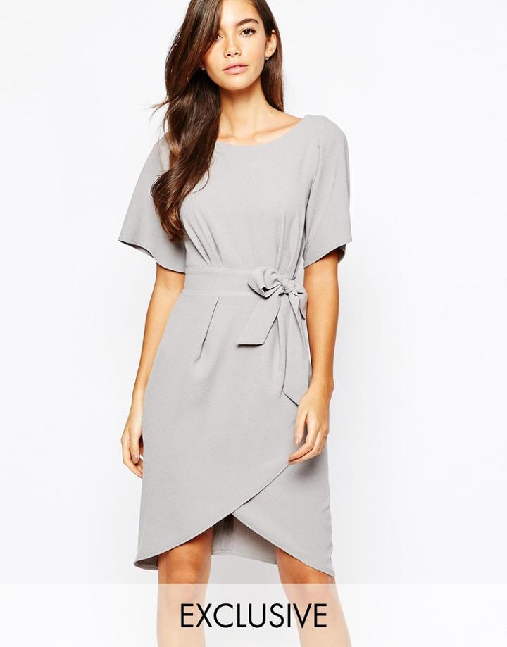 Closet Tie Front Dress With Kimono Sleeve - Light Gray