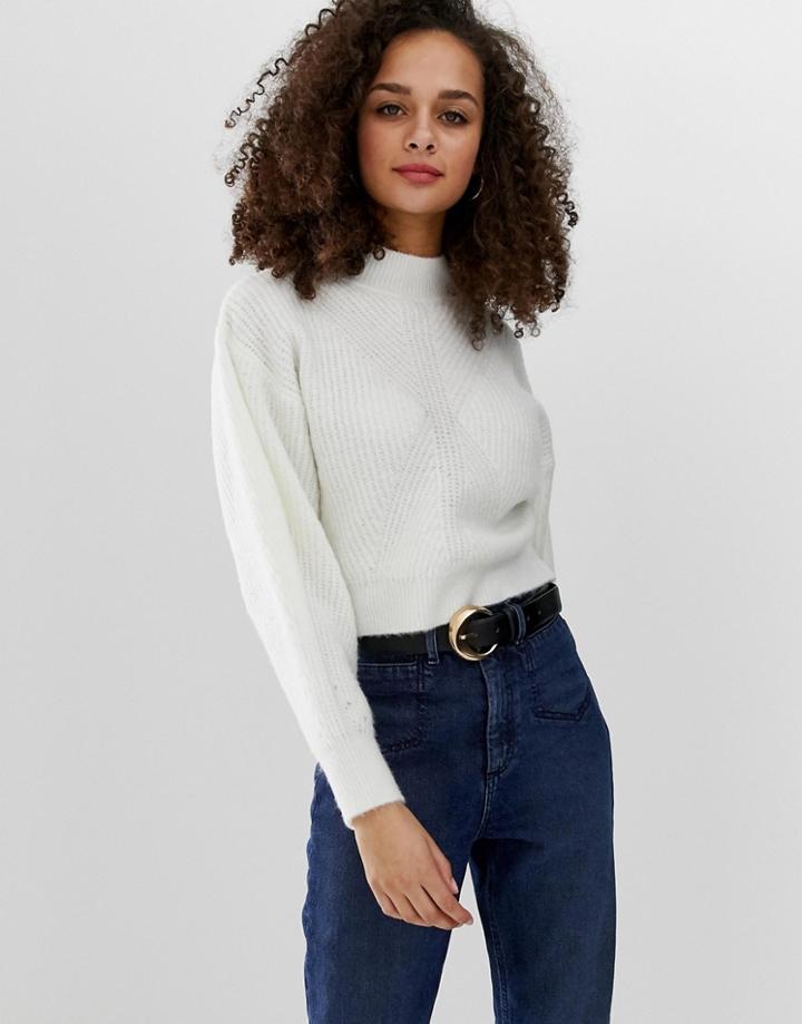 Asos Design Chunky Sweater With Stitch Detail And Balloon Sleeve-cream