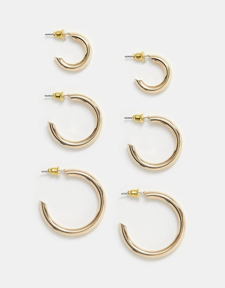 Asos Design Pack Of 3 Hoop Earrings In Mixed Size In Gold Tone - Gold