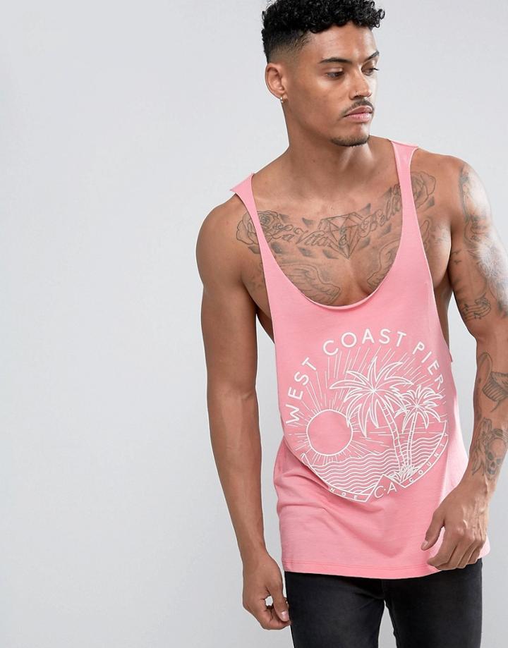 Asos Tank Palm Print And Raw Edge Extreme Racer Back - Pink