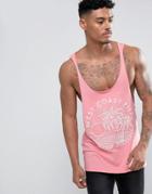 Asos Tank Palm Print And Raw Edge Extreme Racer Back - Pink