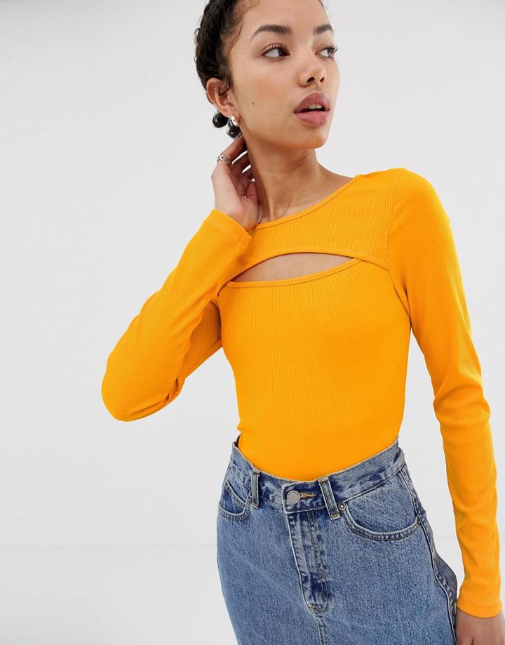 Dr Denim Ribbed Top With Exposed Detail - Orange