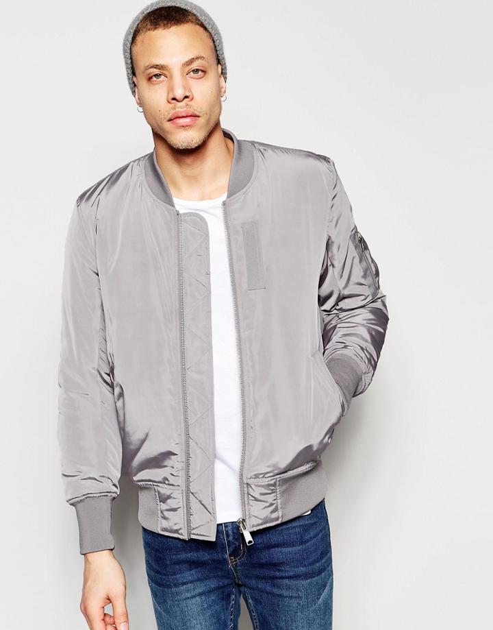 Asos Bomber Jacket With Ma1 Pocket In Gray - Gray