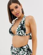 Asos Design Fuller Bust Oversized Palm Cross Back Halter Triangle Bikini Top With Ring Detail Dd-g-multi