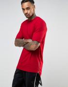 Asos Super Longline T-shirt In Red With Step Hem And Side Zips - Red