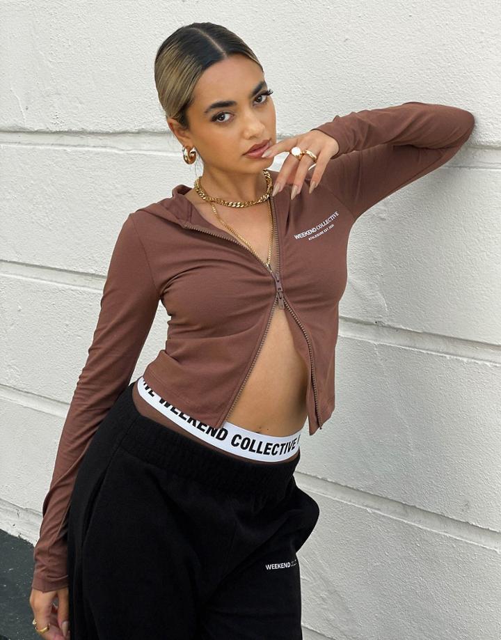 Asos Weekend Collective Fitted Hoodie With Double Ended Zip And Logo In Brown