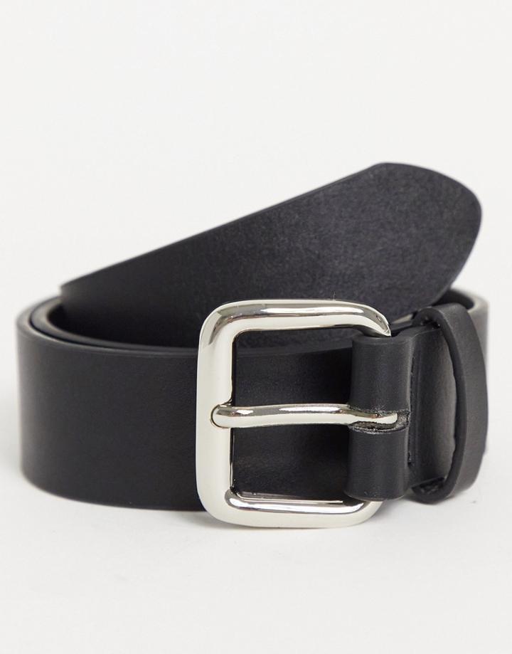 Asos Design Wide Belt In Black Faux Leather With Silver Rectangle Buckle