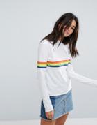 Daisy Street Long Sleeve Boyfriend T-shirt With Rainbow Stripe - White