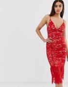 Love Triangle Lace Midi Dress With Peplum Hem - Red