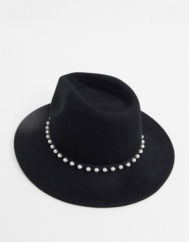 Asos Design Felt Panama Hat With Faux Pearl Trim And Size Adjuster In Black