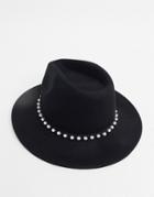 Asos Design Felt Panama Hat With Faux Pearl Trim And Size Adjuster In Black