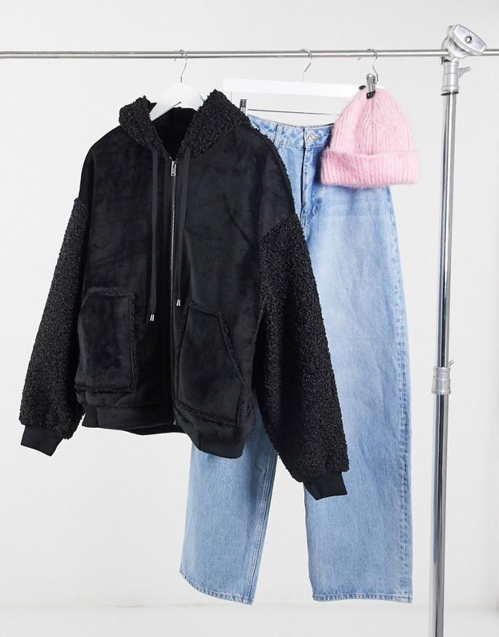 Urbancode Oversized Faux Suede Borg Mixed Jacket In Black
