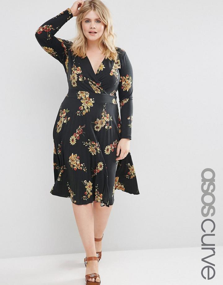 Asos Curve Crepe Pleated Midi Dress In Dark Floral Print - Multi