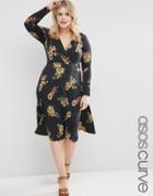 Asos Curve Crepe Pleated Midi Dress In Dark Floral Print - Multi