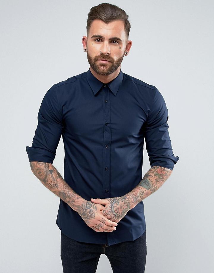 Hugo By Hugo Boss Elisha Slim Fit Basic Poplin Shirt - Navy