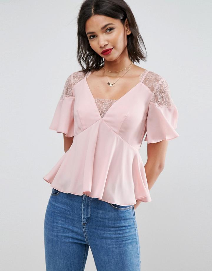 Asos Lace Insert Tea Blouse - Pink