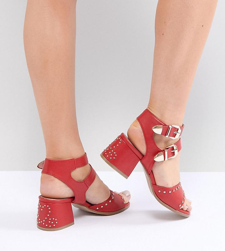 Lost Ink Wide Fit Red Western Studded Heeled Sandals - Red