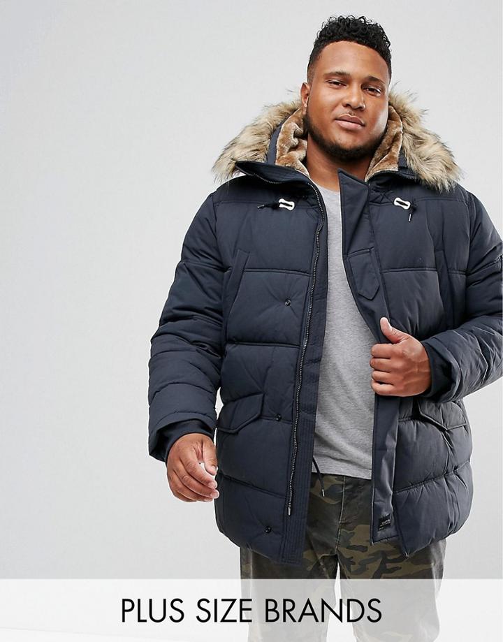 Schott Plus Snork Quilted Parka Hooded Detachable Faux Fur Trim In Navy - Navy