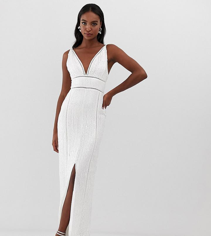 Asos Design Tall Sequin Maxi Dress With Ladder Trim-white