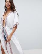 Anmol Emboidered Trim Longline Beach Kimono - White