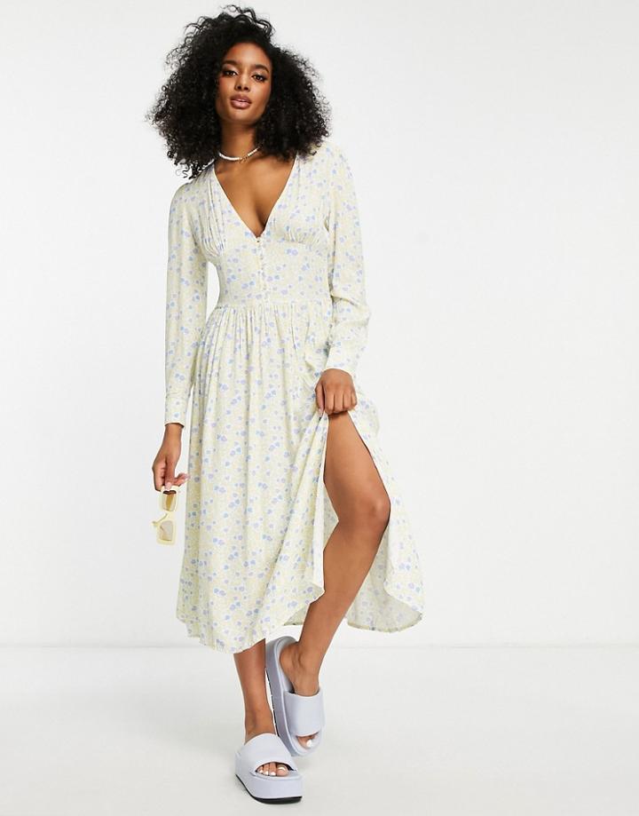Na-kd Side Slit Midi Dress In Yellow Floral Print