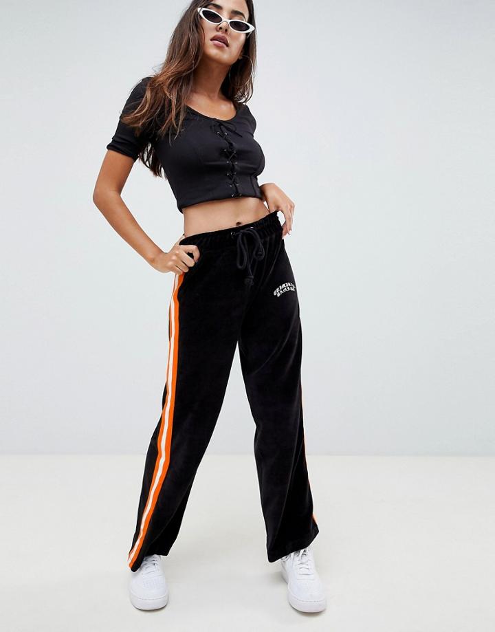 Criminal Damage Wide Leg Velour Track Pants With Side Stripe - Black