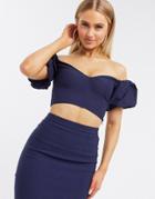 Vesper Bardot Crop Top With Frilly Shoulder Detail In Navy