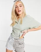 Asos Design Boxy Crop T-shirt With Snap Front In Sage-green